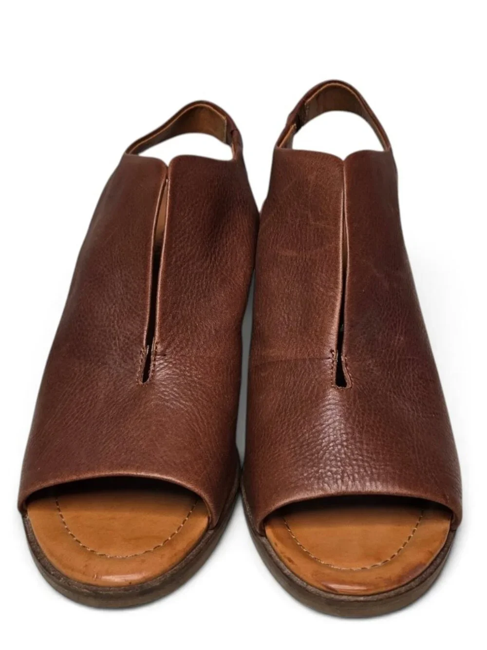 Lucky Brand Rhazy Leather Slingback Heels Pebble Brown Cut Out Front Slit 8.5